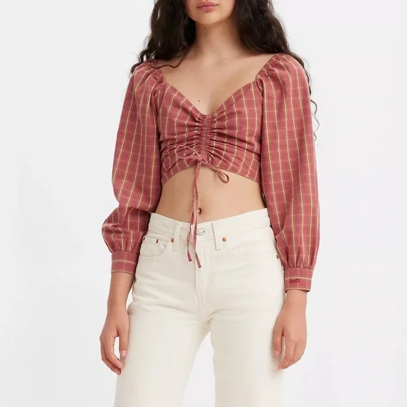Levis Plaid Crop Blouse Devin Puff Sleeve Top Western Country Red SZ Small - Picture 2 of 16